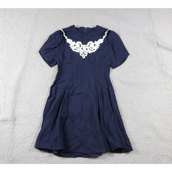 Jessica McClintock Dress Girls 7 Blue Lace Embroidery Tie Back Vintage - Picture 1 of 5